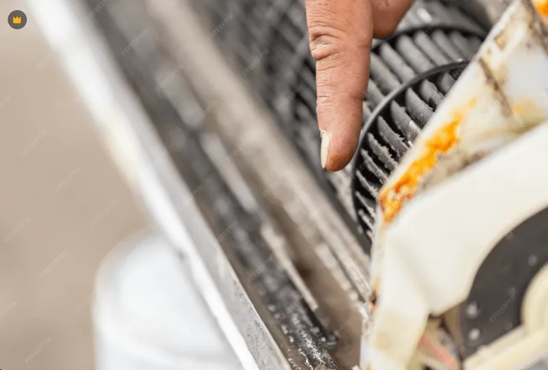 청소 전 에어컨 내부의 먼지와 오염 상태